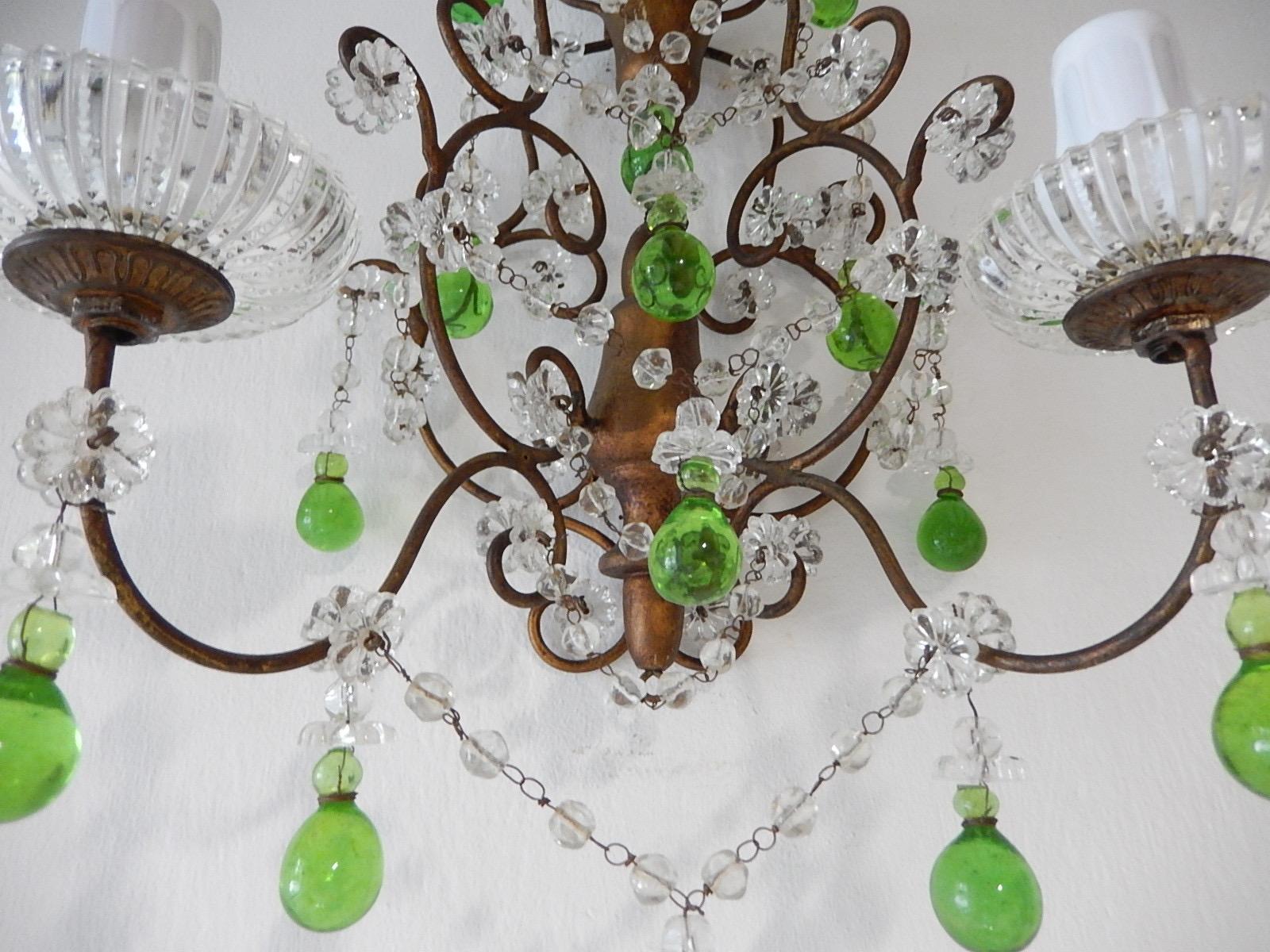 1920 French Green Murano Drops Beaded Swags Giltwood Sconces For Sale 4