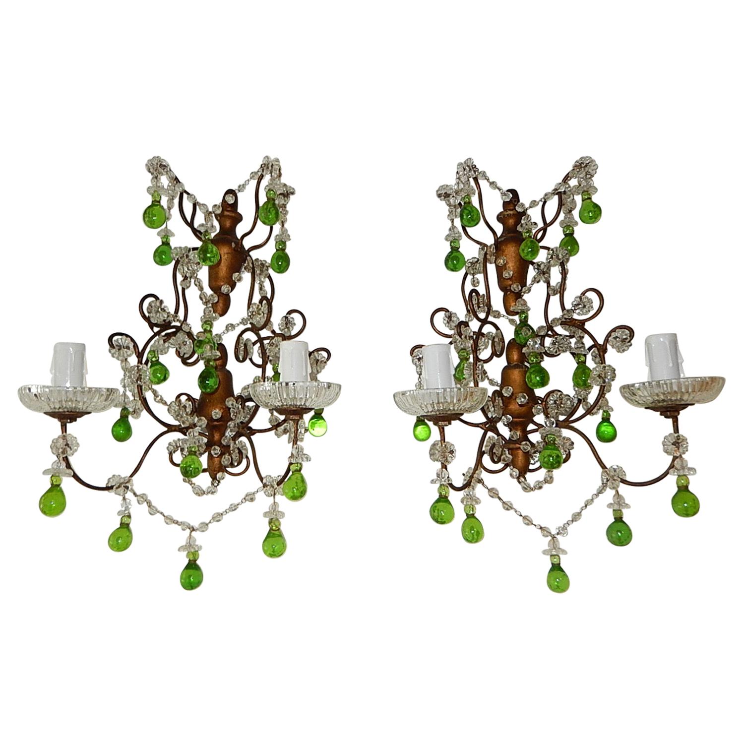 1920 French Green Murano Drops Beaded Swags Giltwood Sconces