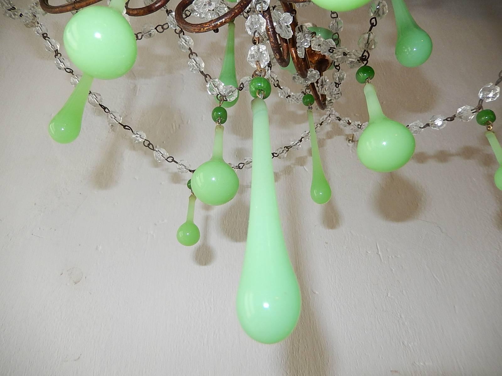 1920 French Green Opaline Bobeches, Beads and Drops Chandelier 4