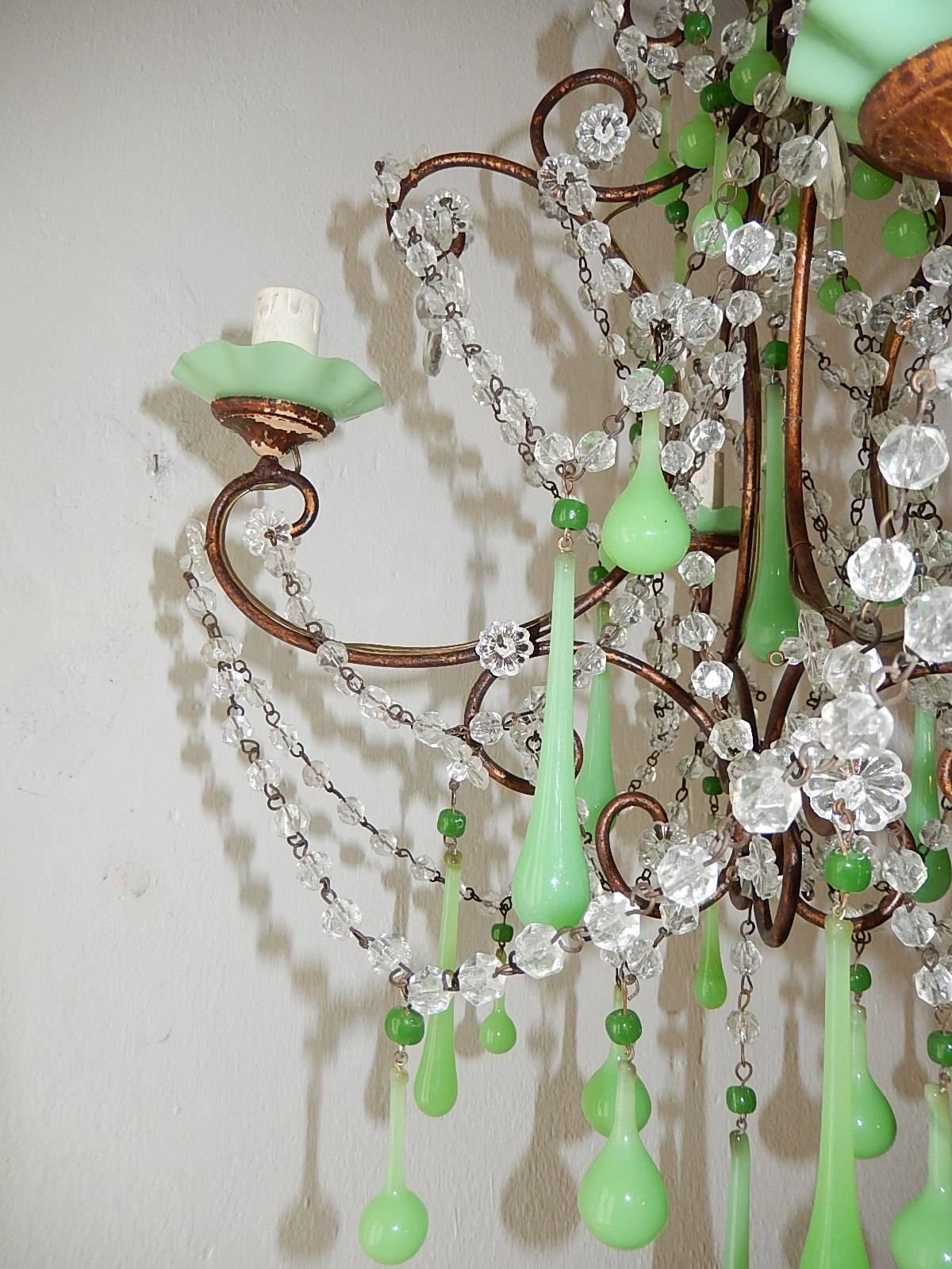 1920 French Green Opaline Bobeches, Beads and Drops Chandelier 5