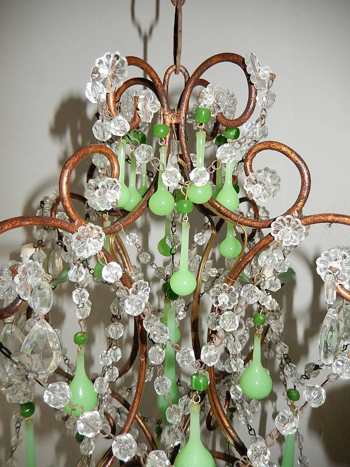 Baroque 1920 French Green Opaline Bobeches, Beads and Drops Chandelier