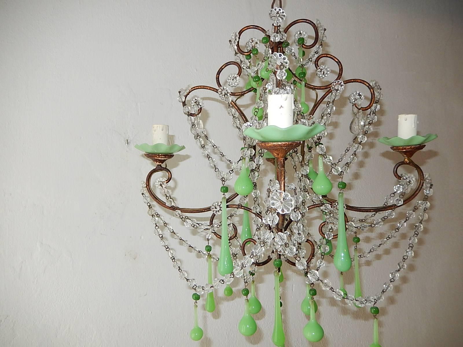 1920 French Green Opaline Bobeches, Beads and Drops Chandelier In Excellent Condition In Modena (MO), Modena (Mo)