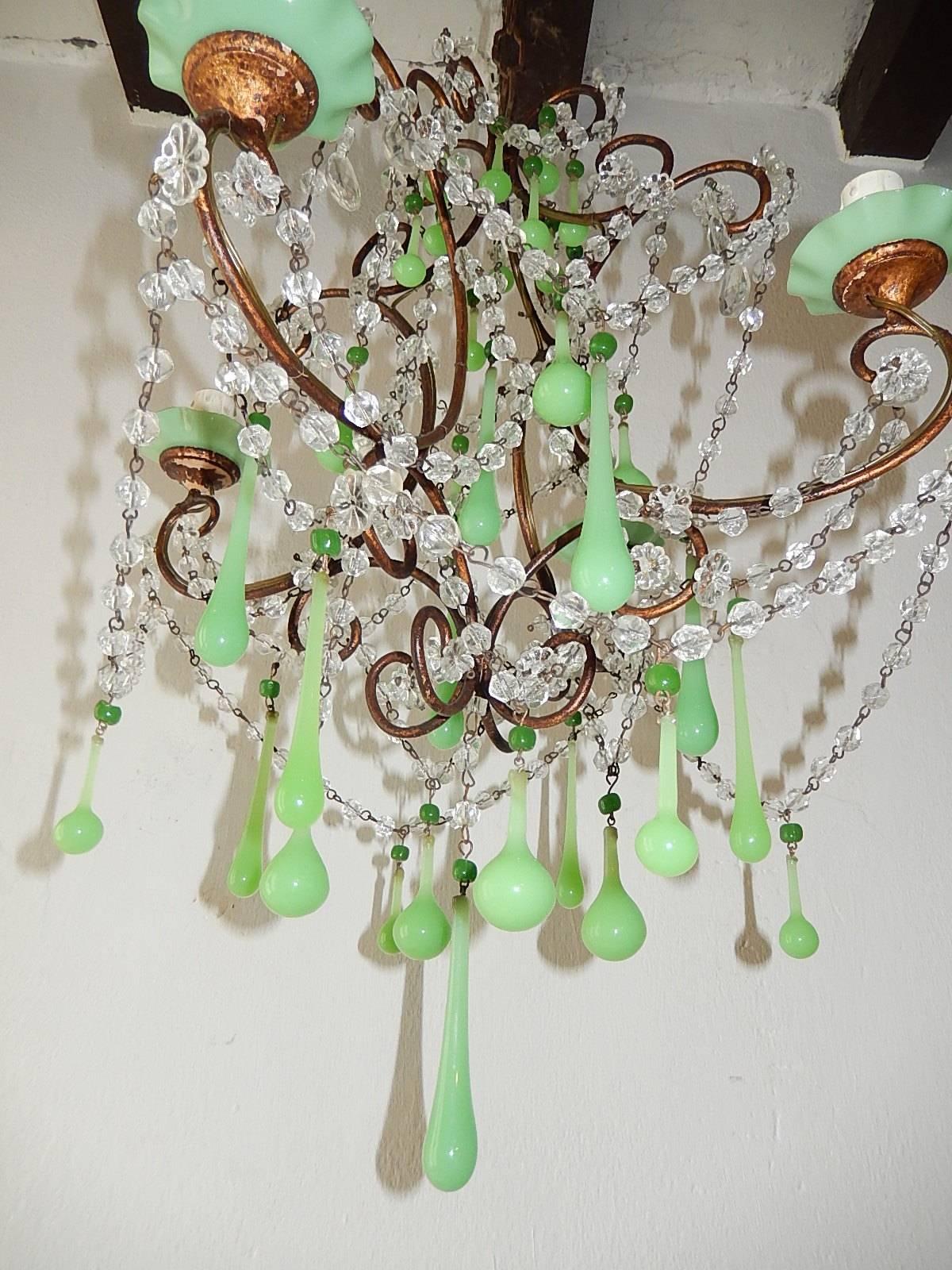 Early 20th Century 1920 French Green Opaline Bobeches, Beads and Drops Chandelier