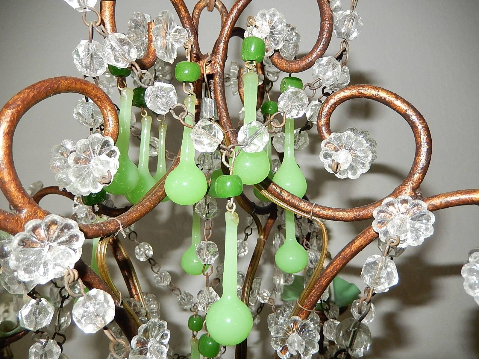 1920 French Green Opaline Bobeches, Beads and Drops Chandelier 1