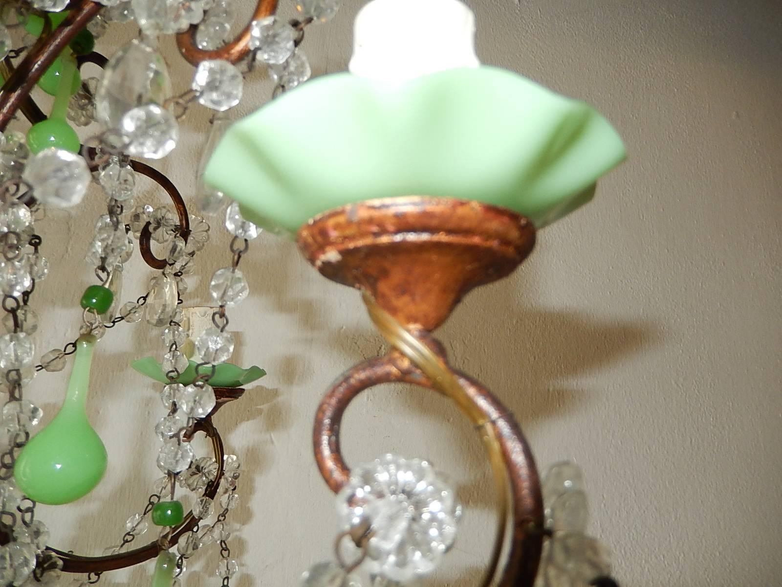 1920 French Green Opaline Bobeches, Beads and Drops Chandelier 2
