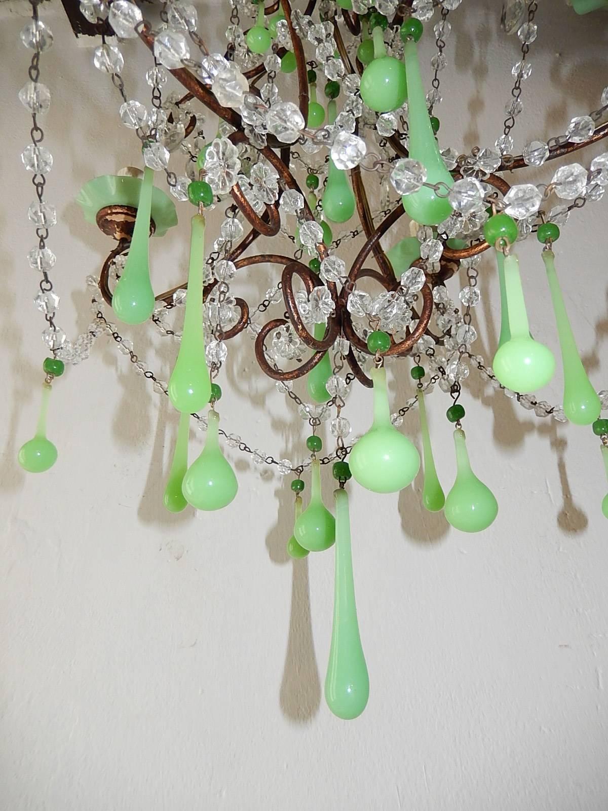 1920 French Green Opaline Bobeches, Beads and Drops Chandelier 3