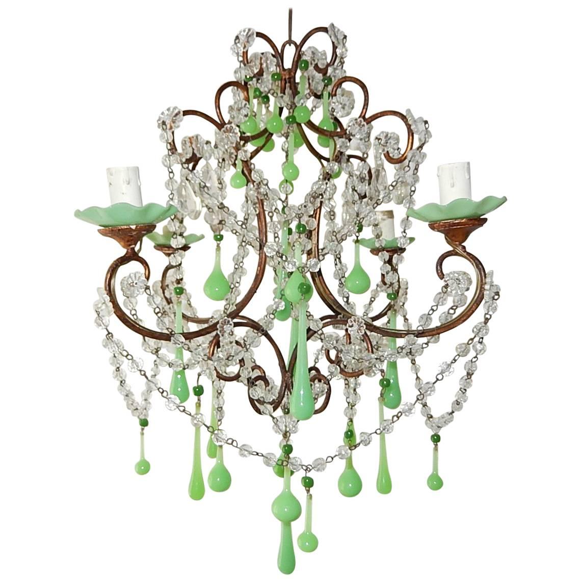 1920 French Green Opaline Bobeches, Beads and Drops Chandelier