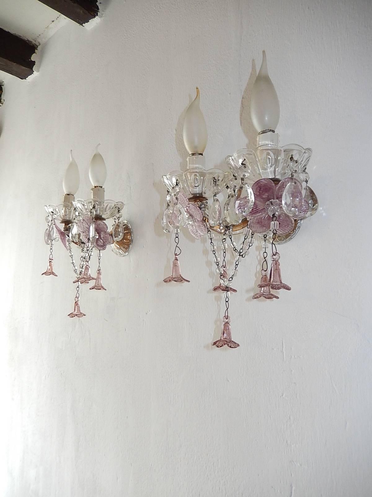 1920 French Lavender Purple Amethyst Murano Flowers Sconces In Good Condition In Modena (MO), Modena (Mo)