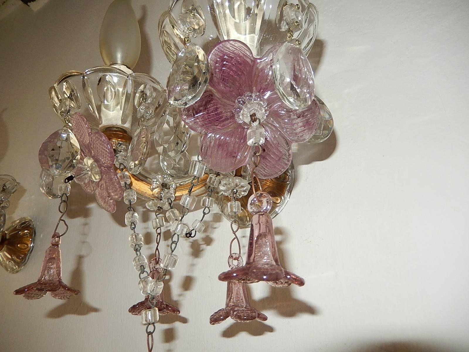 Early 20th Century 1920 French Lavender Purple Amethyst Murano Flowers Sconces