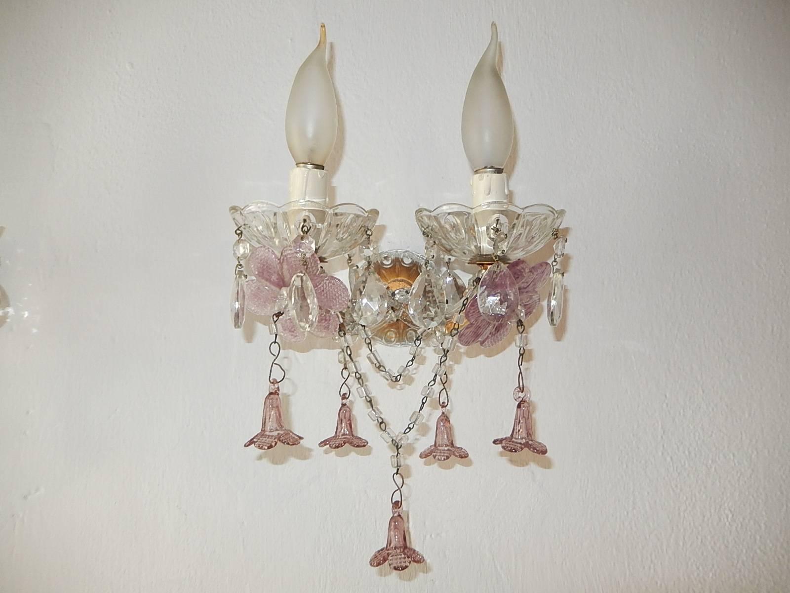 1920 French Lavender Purple Amethyst Murano Flowers Sconces 2