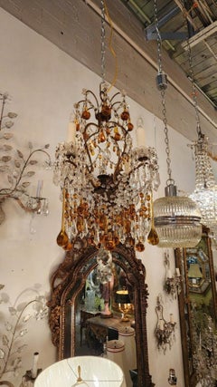 Antique 1920 French Orange and Clear Crystal Chandelier
