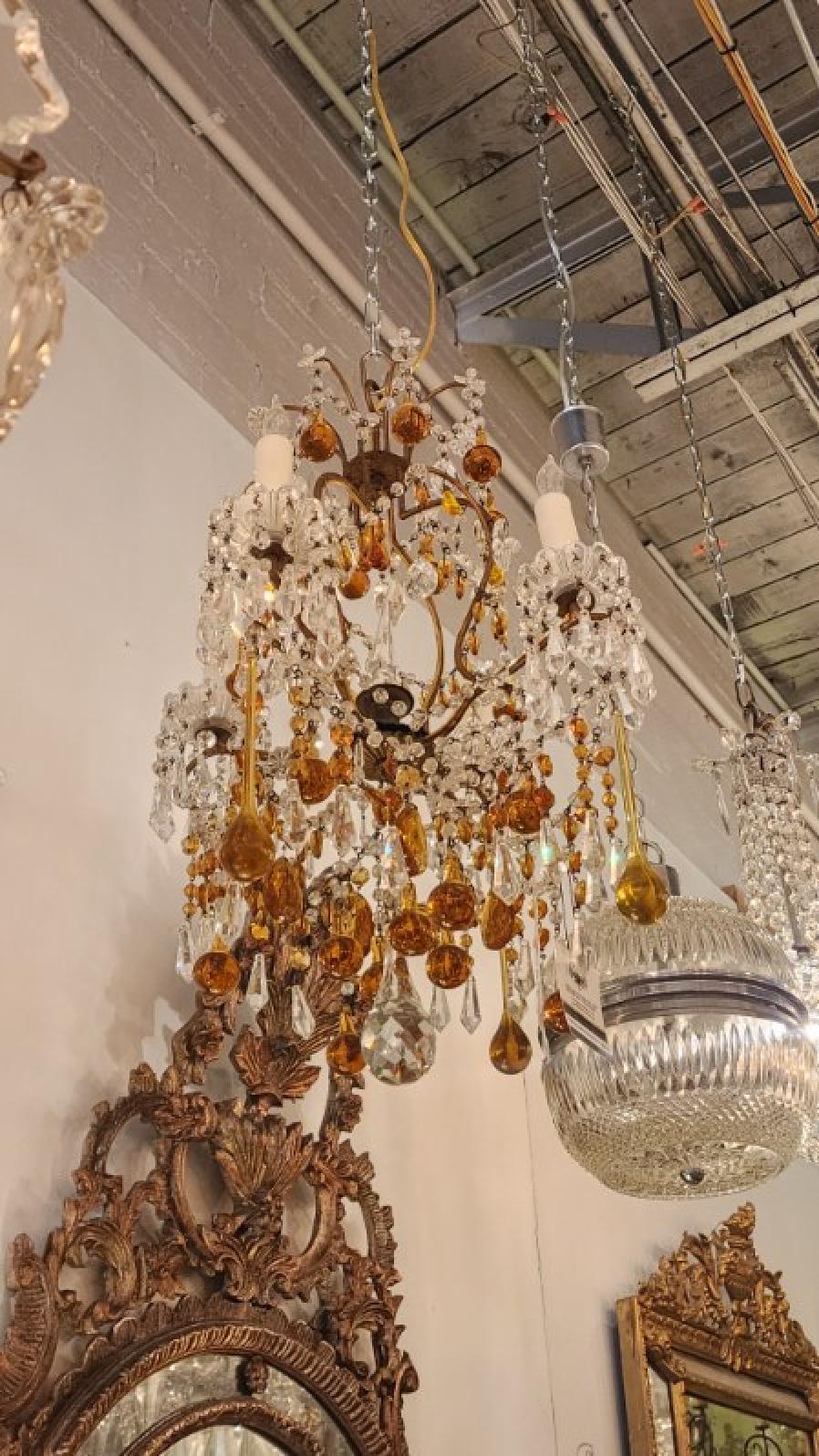 XIX secolo 1920 Lampadario francese in cristallo trasparente e arancione in vendita