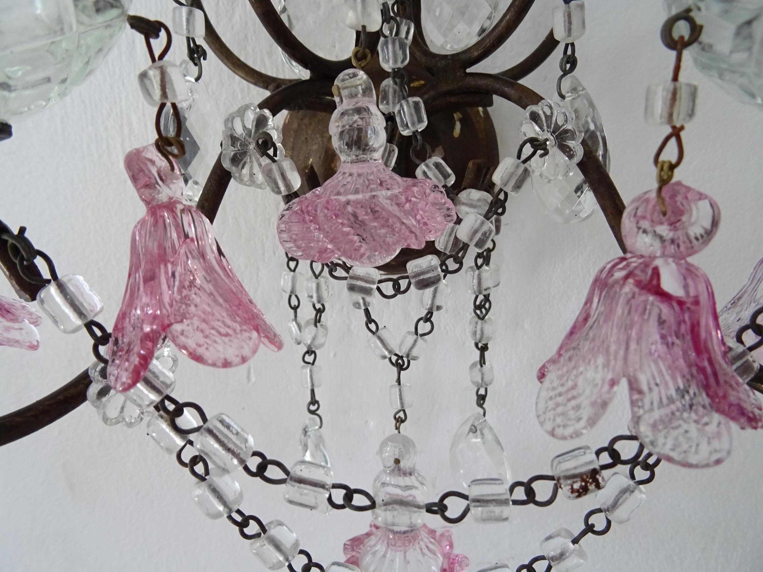 1920 French Pink Fuchsia Murano Balls & Ribbons Giltwood Crystal Prisms Sconces For Sale 6