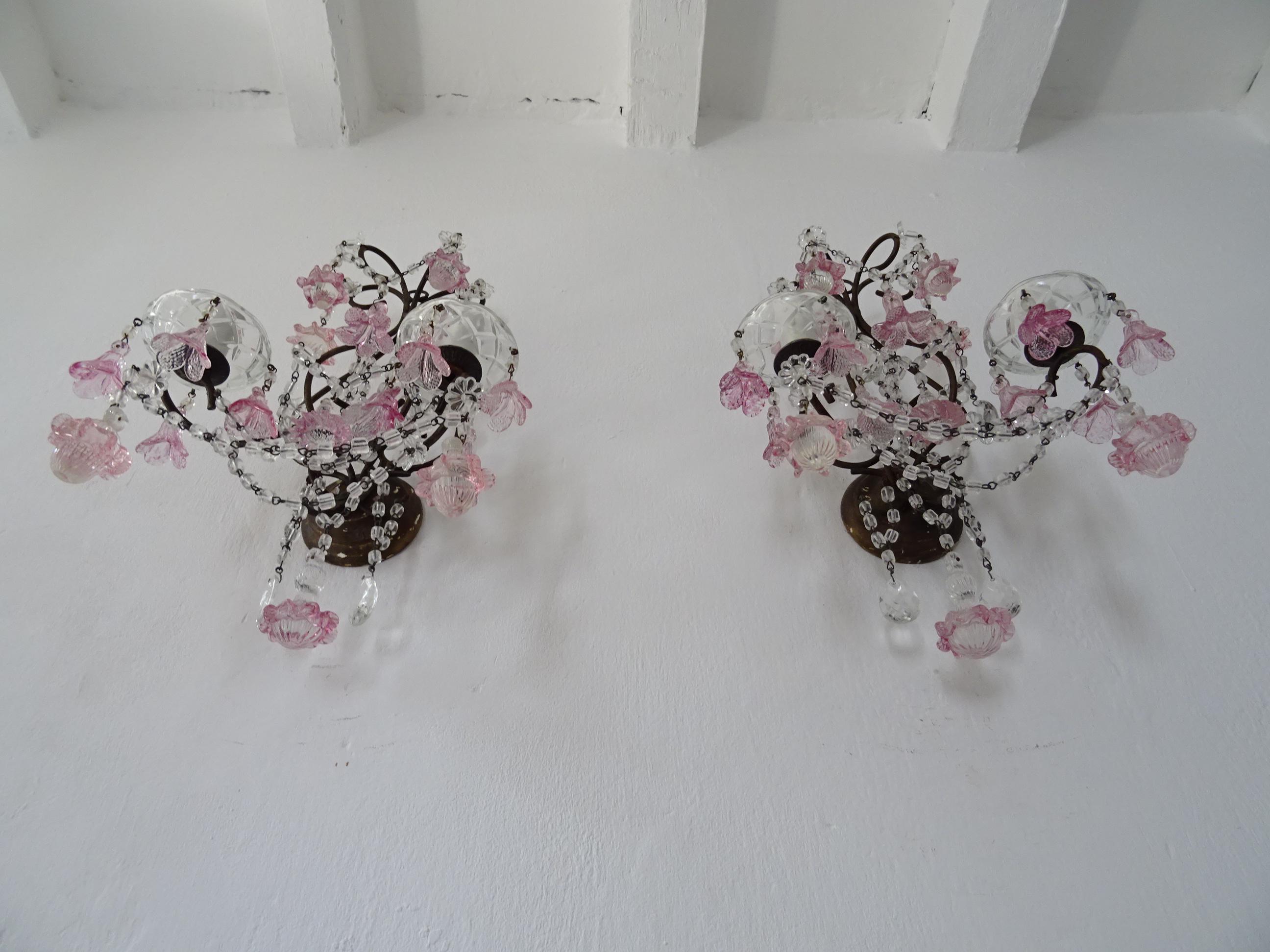 Housing two lights each sitting in crystal bobeches dripping with Murano pink bells. Some have chipping, but not very noticeable. Will be newly rewired with certified US UL sockets for the USA and appropriate sockets for all other countries and