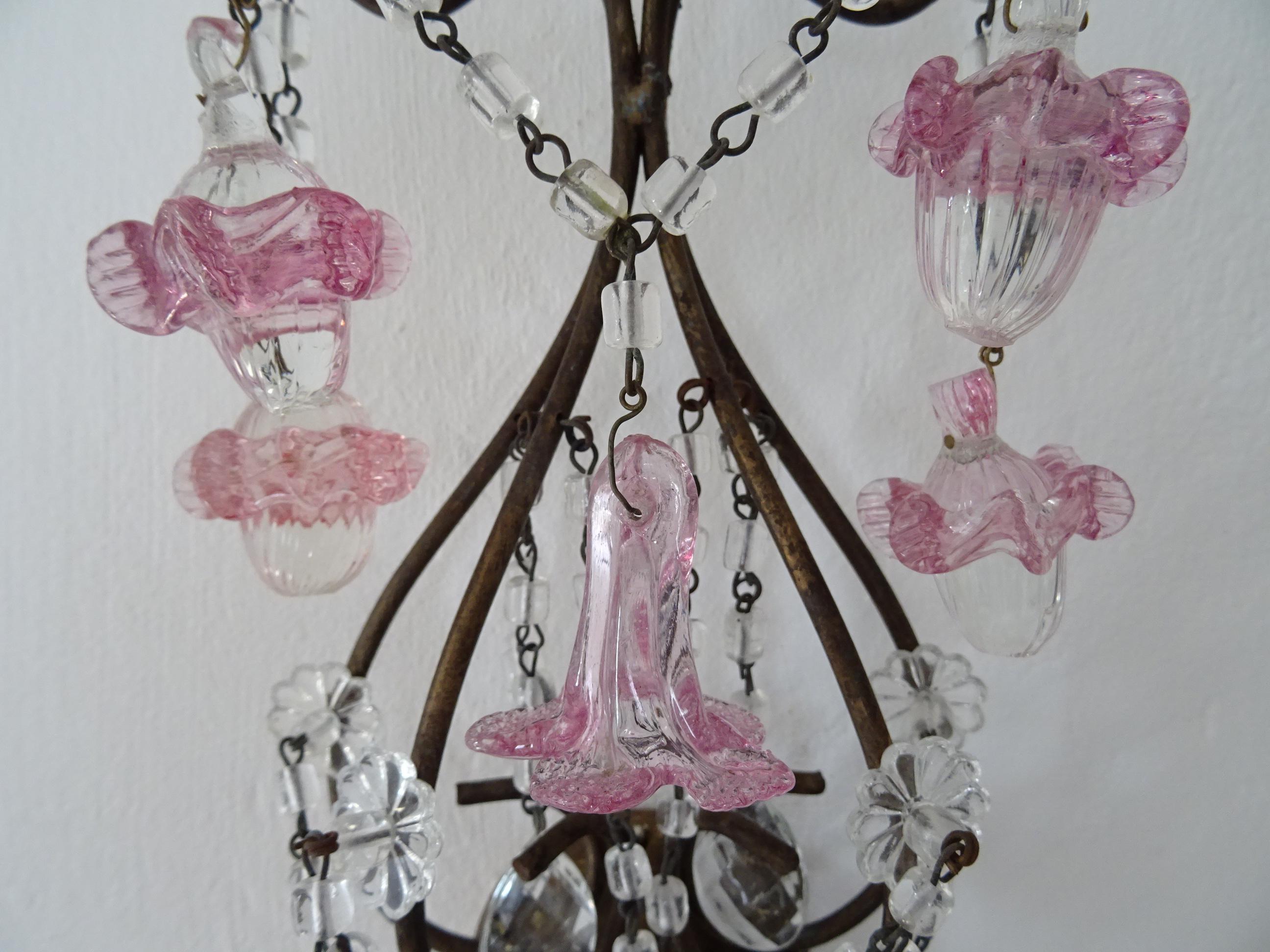 1920 French Pink Fuchsia Murano Balls & Ribbons Giltwood Crystal Prisms Sconces For Sale 4