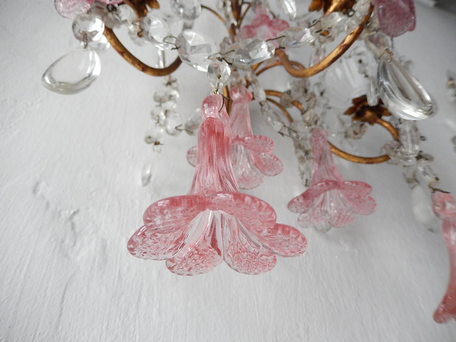 1920 French Pink Fuchsia Murano Flowers and Crystal Prisms Sconces 6