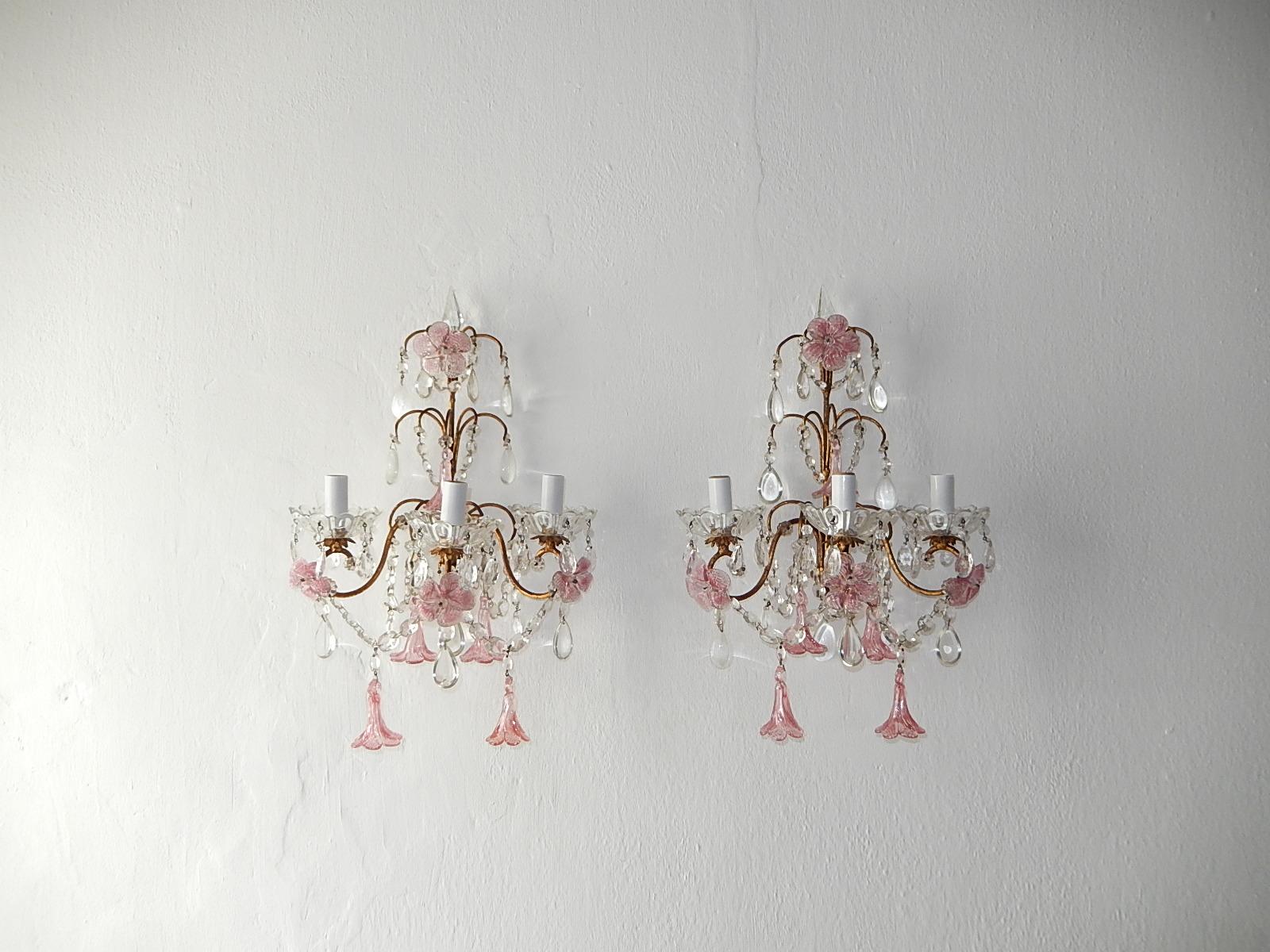 1920 French Pink Fuchsia Murano Flowers and Crystal Prisms Sconces 7