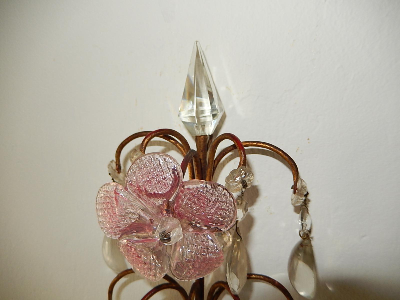 1920 French Pink Fuchsia Murano Flowers and Crystal Prisms Sconces 8