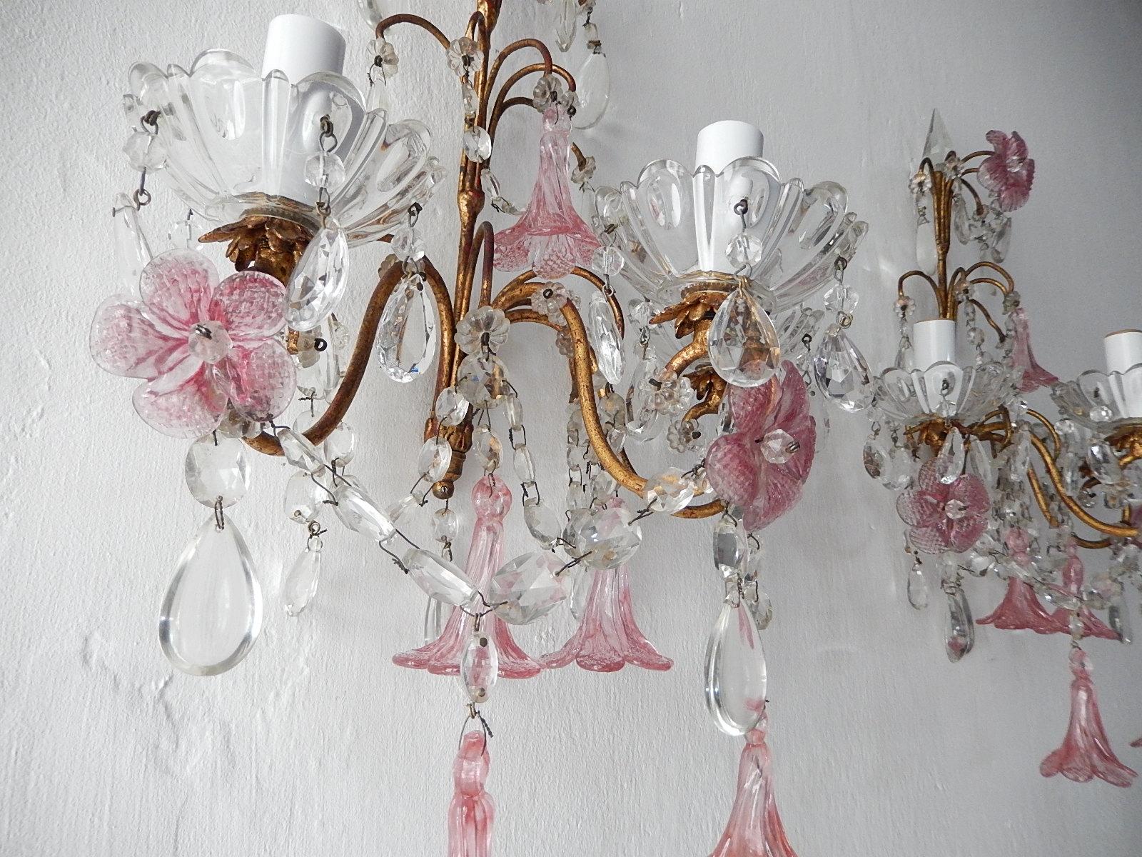 1920 French Pink Fuchsia Murano Flowers and Crystal Prisms Sconces 1