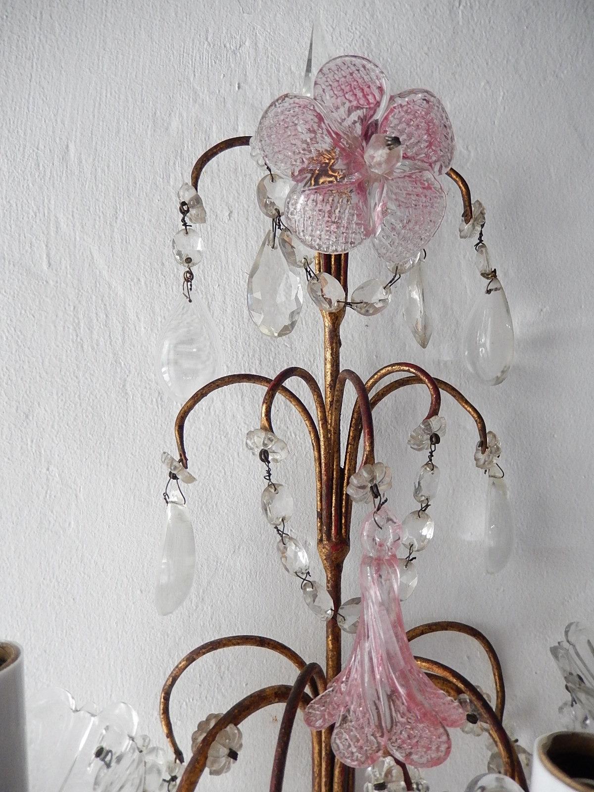 1920 French Pink Fuchsia Murano Flowers and Crystal Prisms Sconces 2