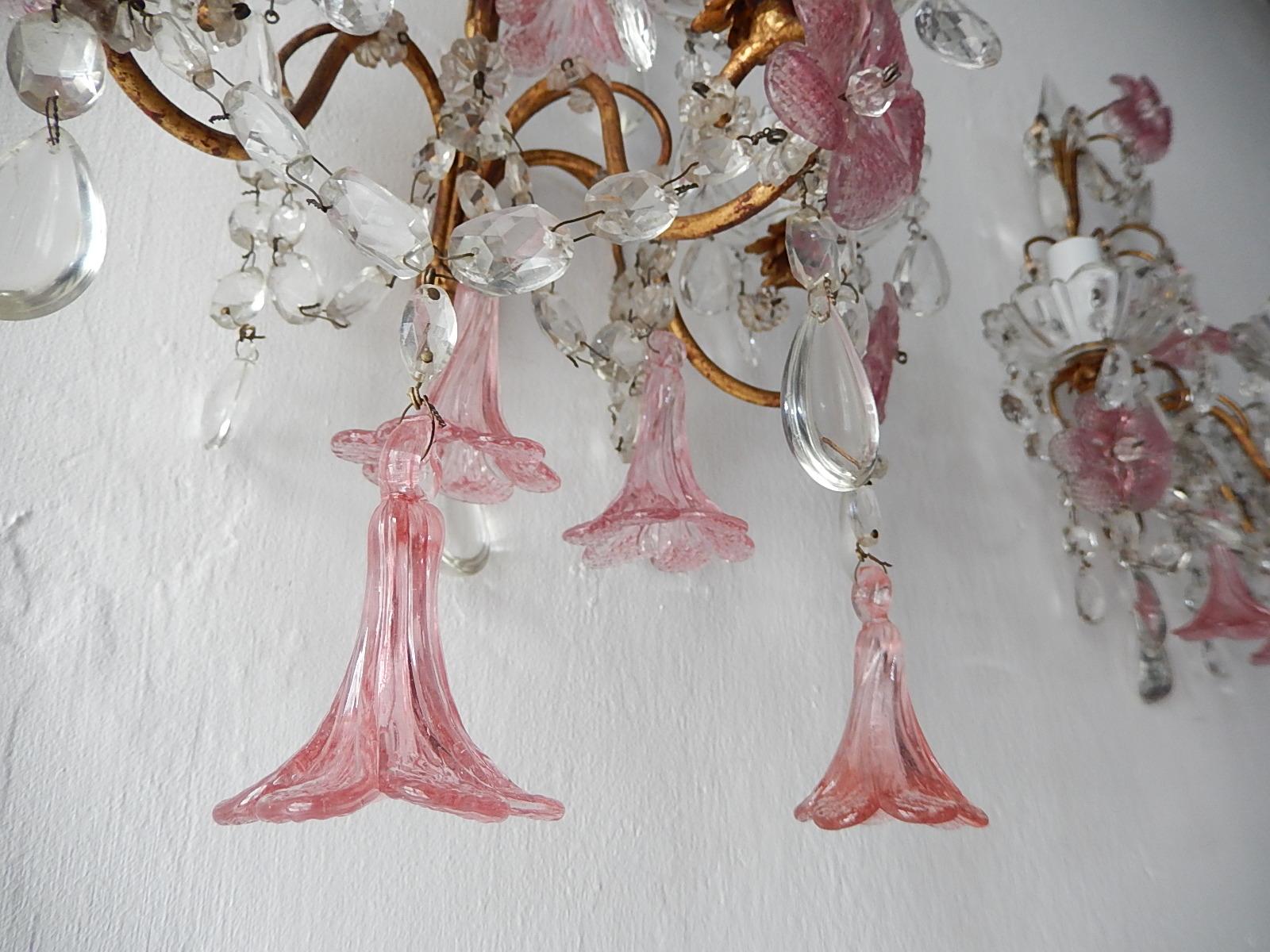 1920 French Pink Fuchsia Murano Flowers and Crystal Prisms Sconces 3