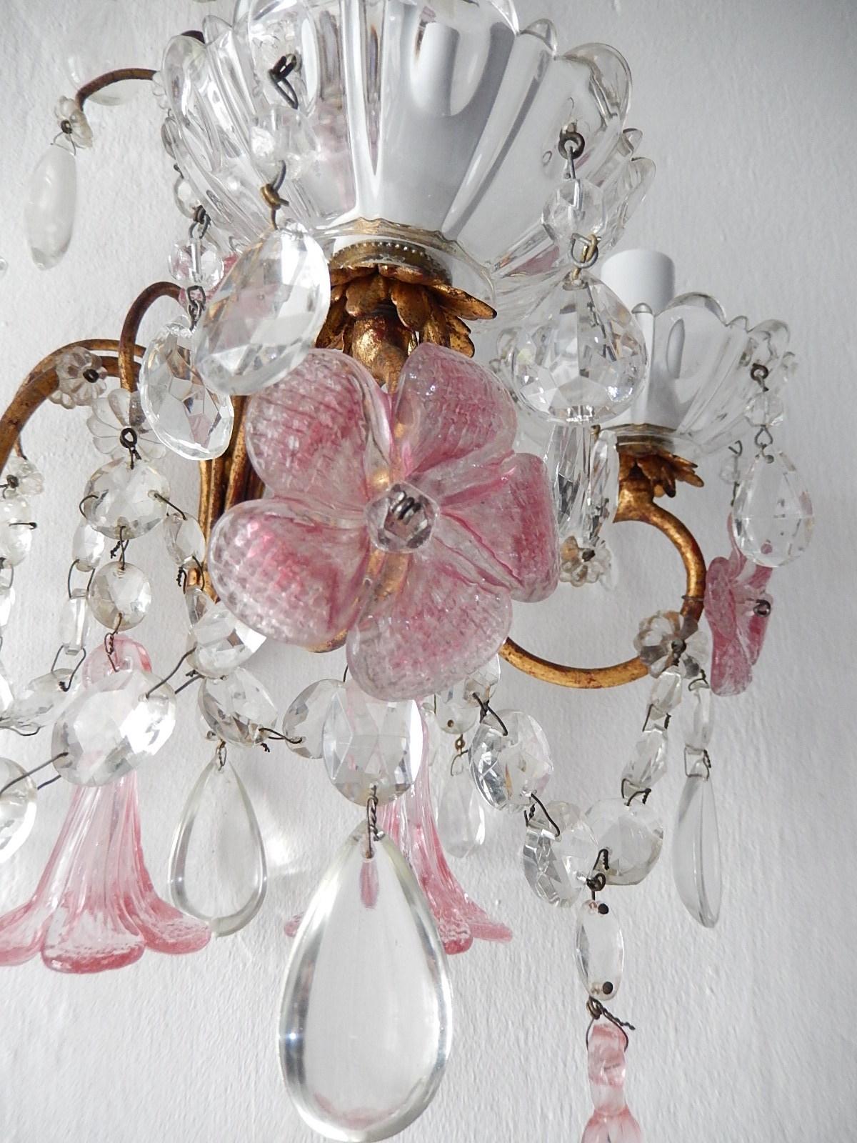 1920 French Pink Fuchsia Murano Flowers and Crystal Prisms Sconces 4