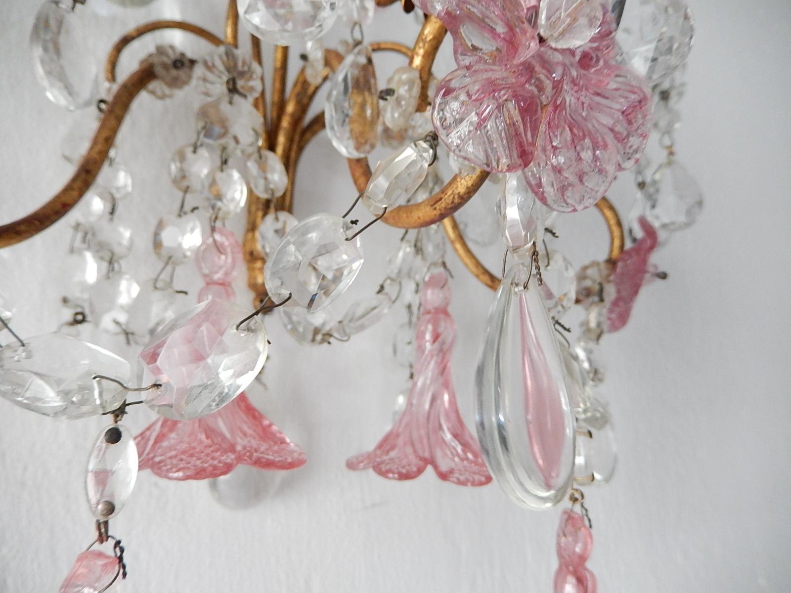 1920 French Pink Fuchsia Murano Flowers and Crystal Prisms Sconces 5