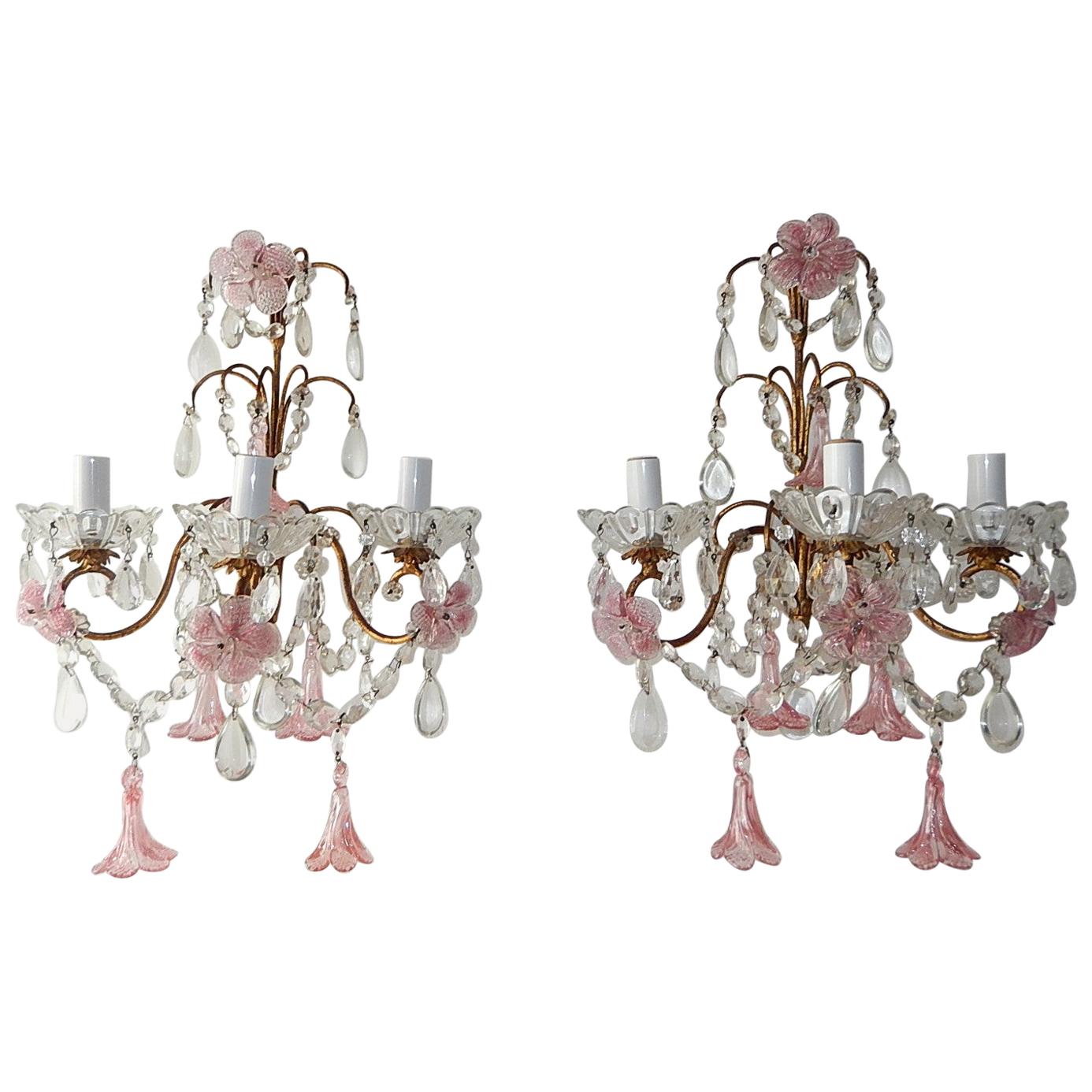 1920 French Pink Fuchsia Murano Flowers and Crystal Prisms Sconces