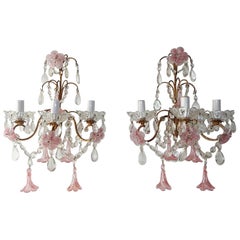 1920 French Pink Fuchsia Murano Flowers and Crystal Prisms Sconces