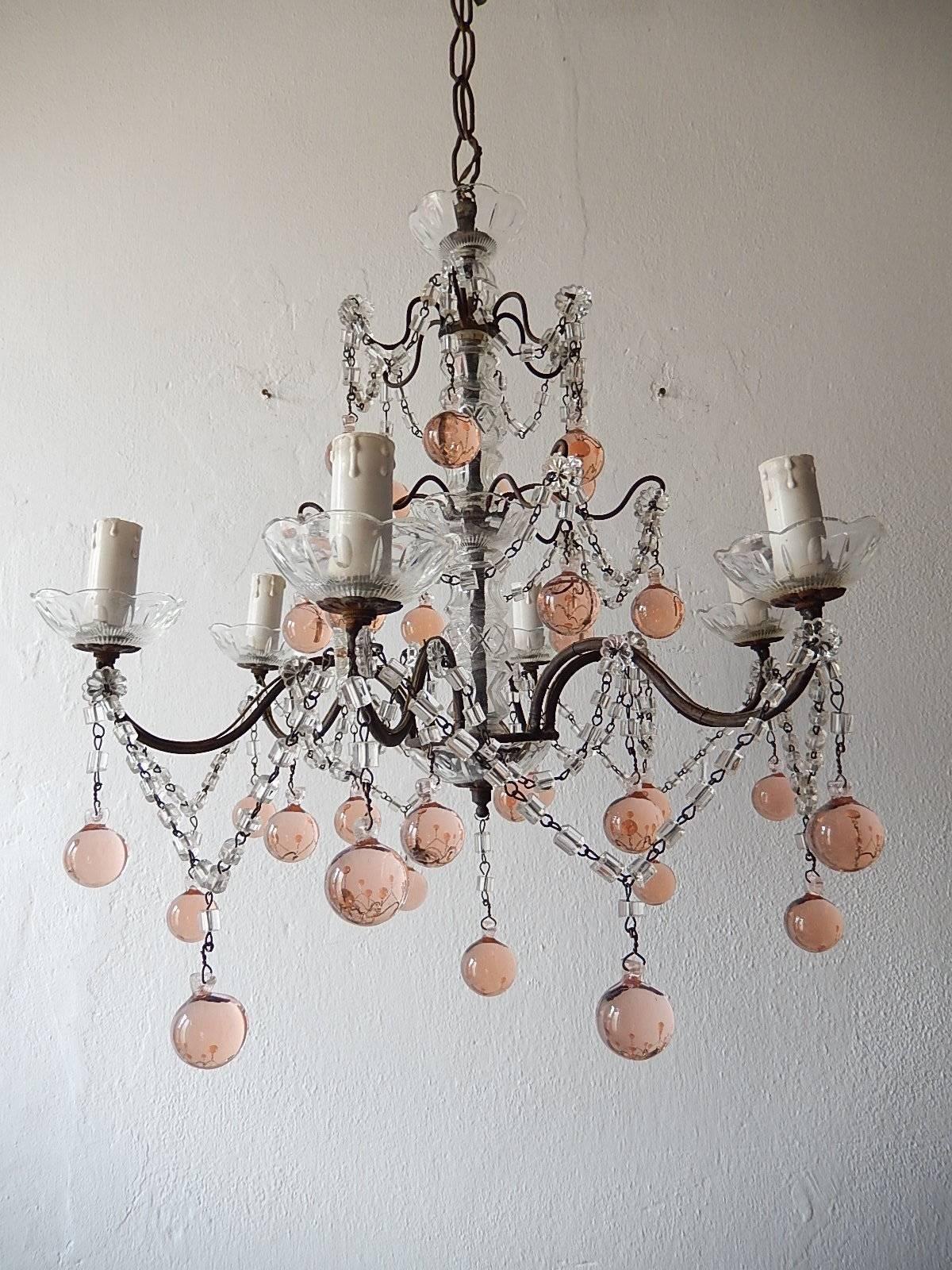 1920 French Pink Murano Balls Crystal Swags Chandelier For Sale 5