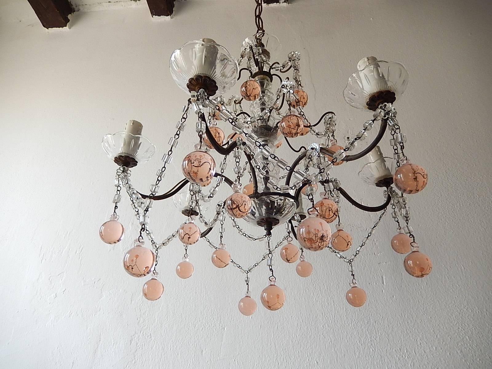 1920 French Pink Murano Balls Crystal Swags Chandelier In Good Condition For Sale In Modena (MO), Modena (Mo)