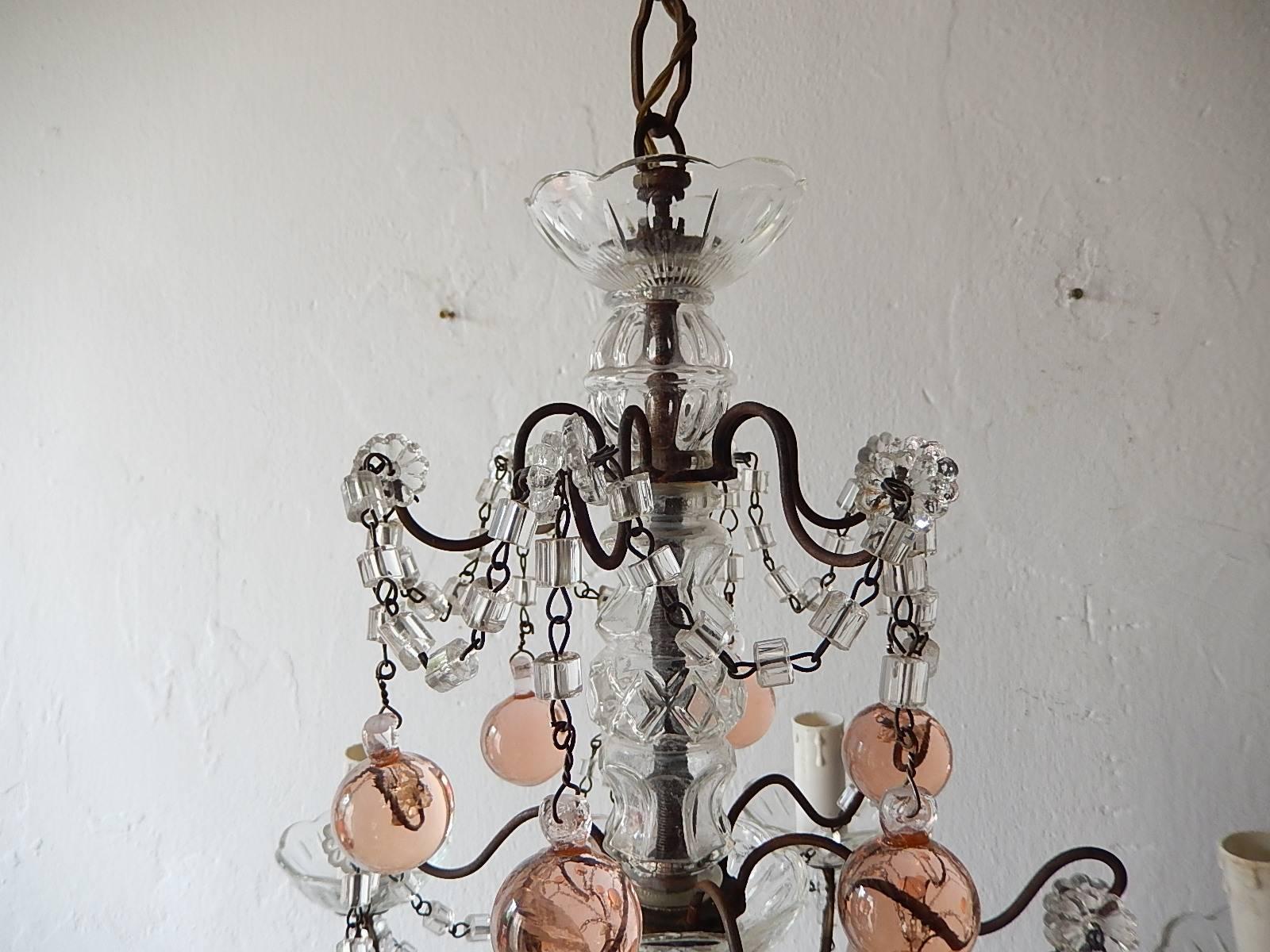 Early 20th Century 1920 French Pink Murano Balls Crystal Swags Chandelier For Sale