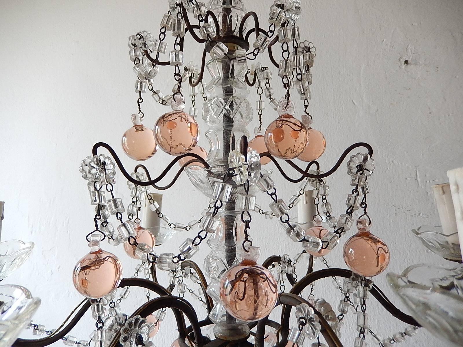 Murano Glass 1920 French Pink Murano Balls Crystal Swags Chandelier For Sale