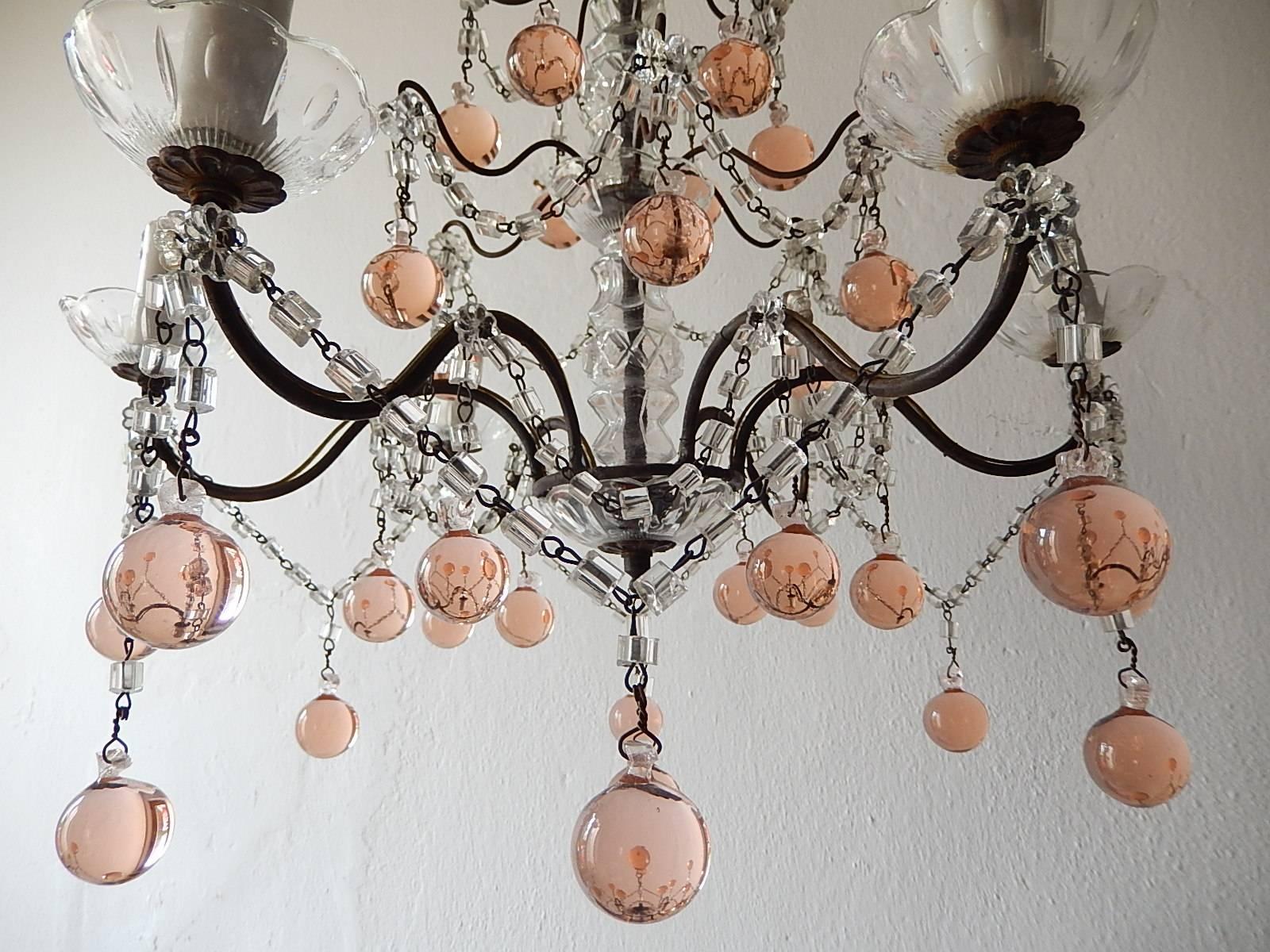 1920 French Pink Murano Balls Crystal Swags Chandelier For Sale 1