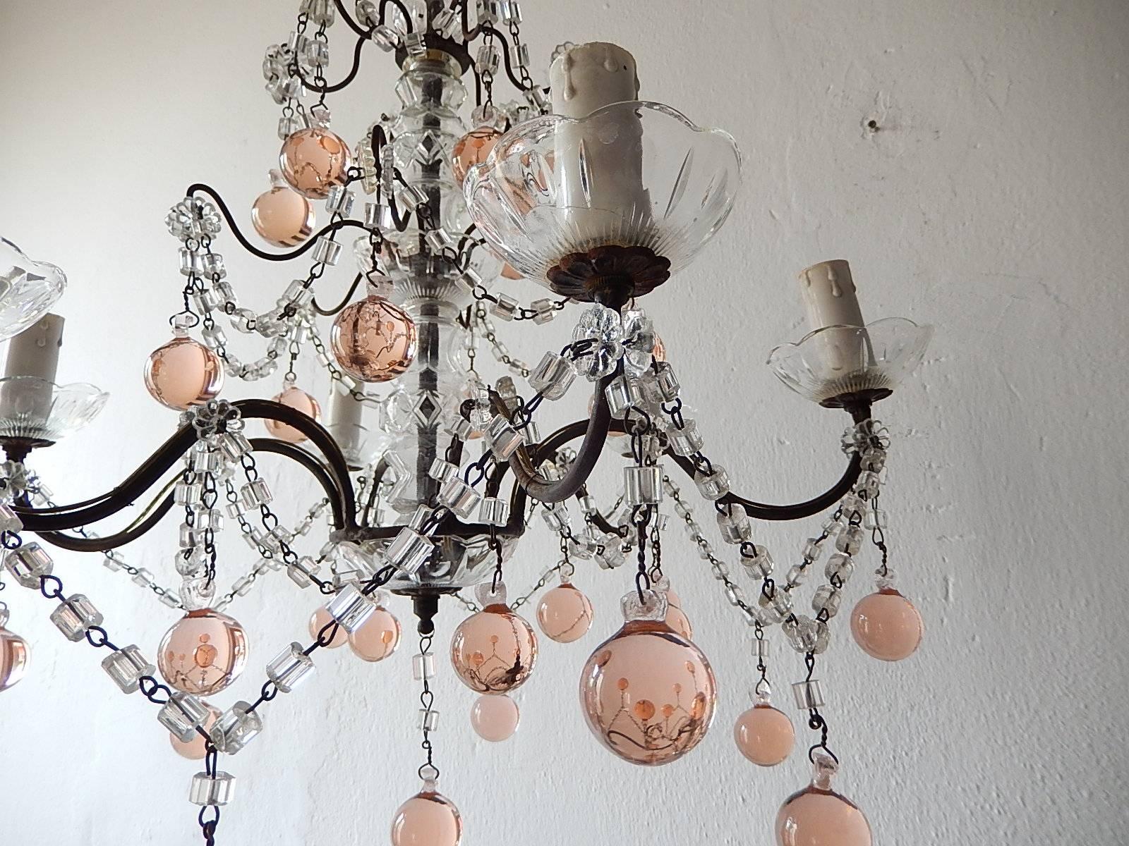 1920 French Pink Murano Balls Crystal Swags Chandelier For Sale 2