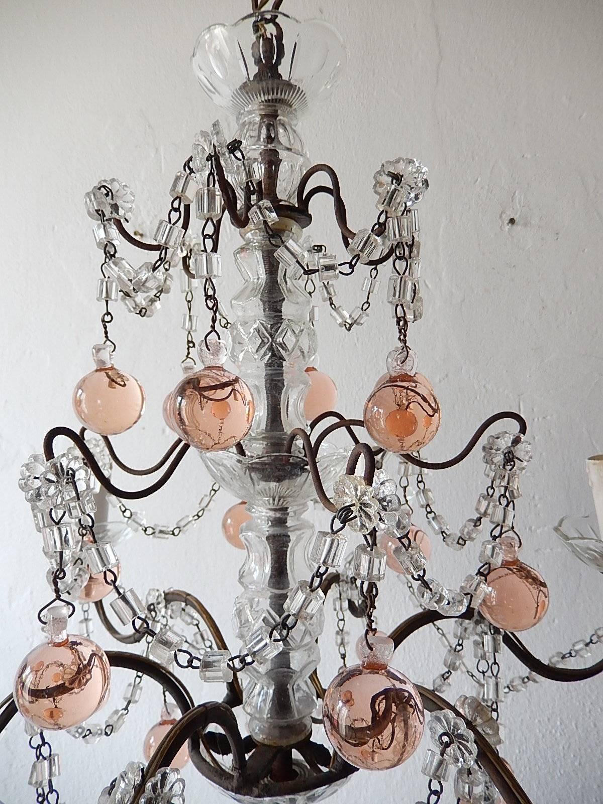 1920 French Pink Murano Balls Crystal Swags Chandelier For Sale 3