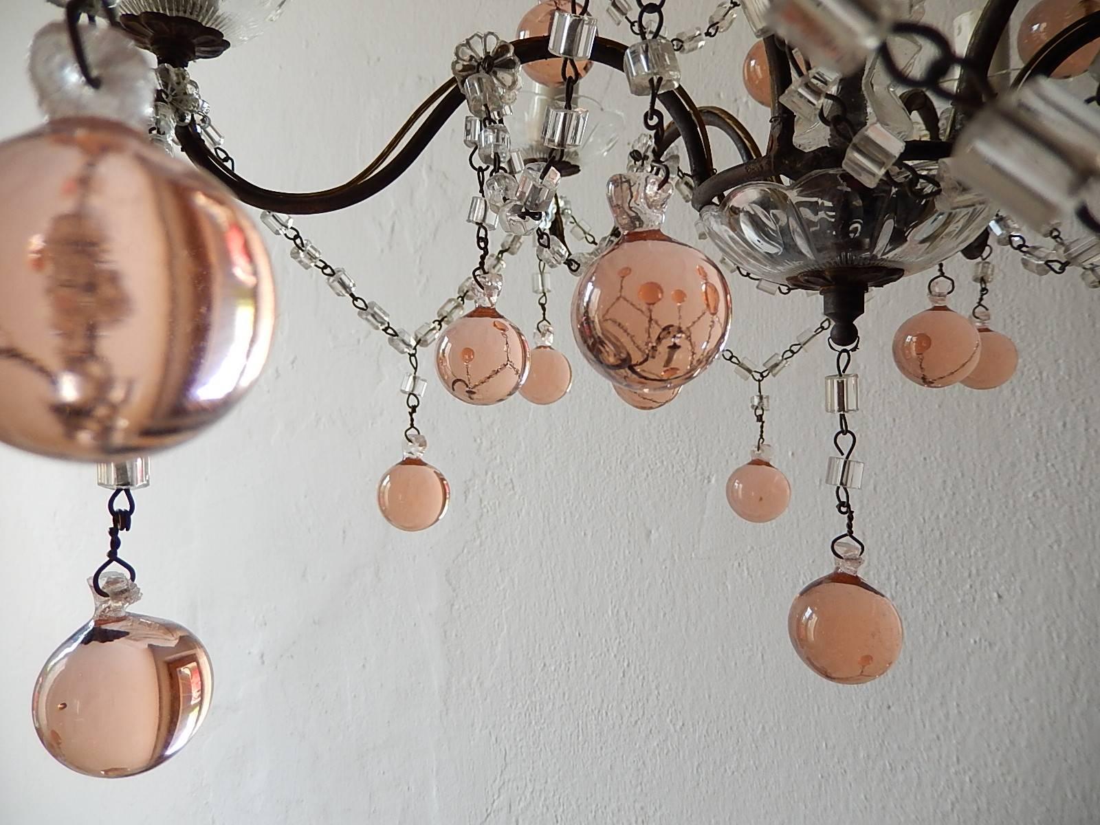 1920 French Pink Murano Balls Crystal Swags Chandelier For Sale 4