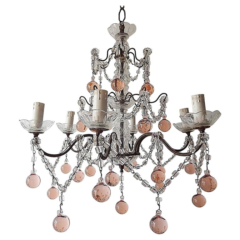 1920 French Pink Murano Balls Crystal Swags Chandelier For Sale at 1stDibs