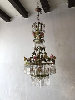 1920 French Porcelain Roses and Crystals Chandelier
