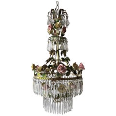 1920 French Porcelain Roses and Crystals Chandelier