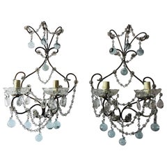 1920 French Set of Four ICE Blue Murano Glass Drops and Beads Sconces