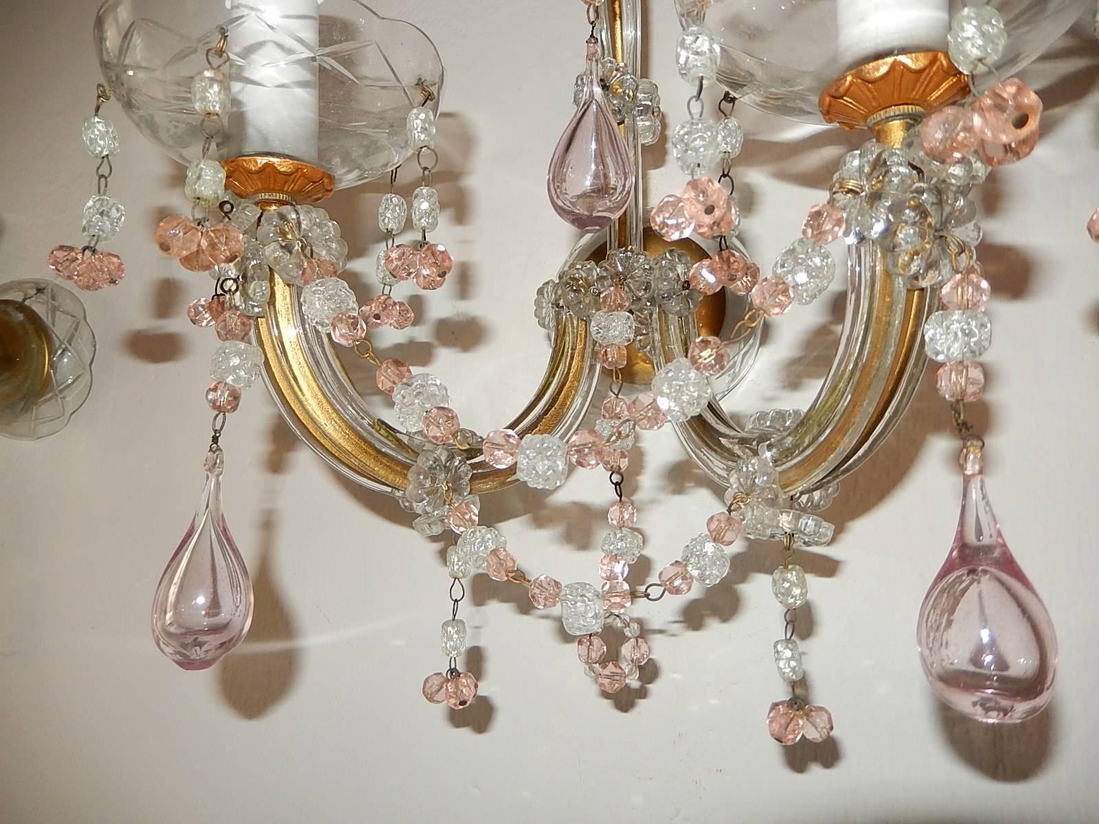 1920 French Set of Four Pink Murano Blown Glass Drops and Beads Sconces 5