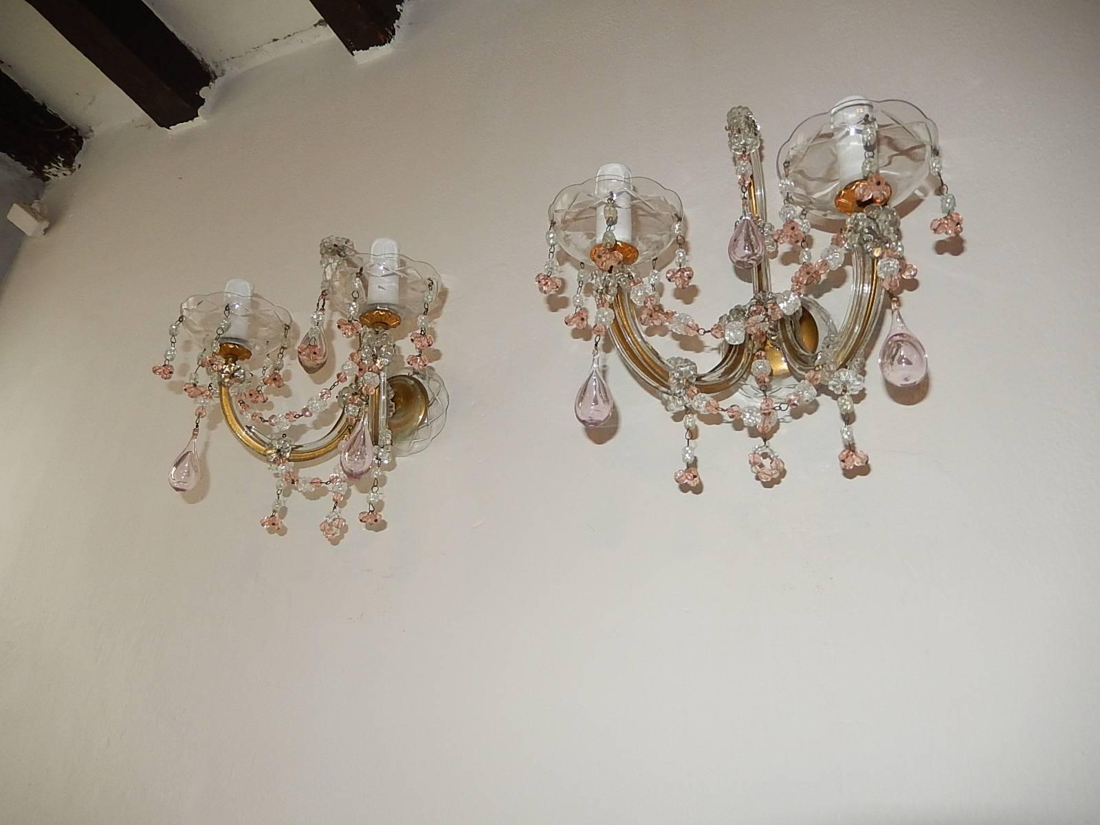 1920 French Set of Four Pink Murano Blown Glass Drops and Beads Sconces In Good Condition In Modena (MO), Modena (Mo)