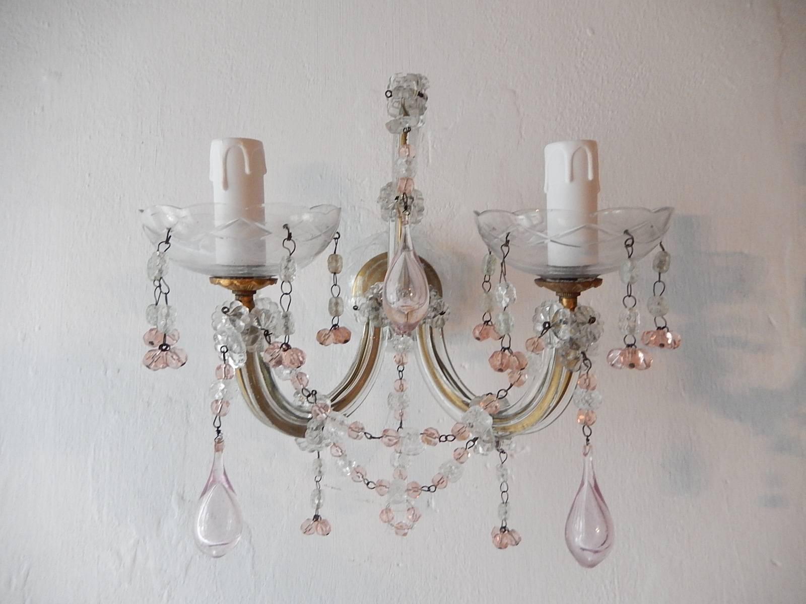 Early 20th Century 1920 French Set of Four Pink Murano Blown Glass Drops and Beads Sconces