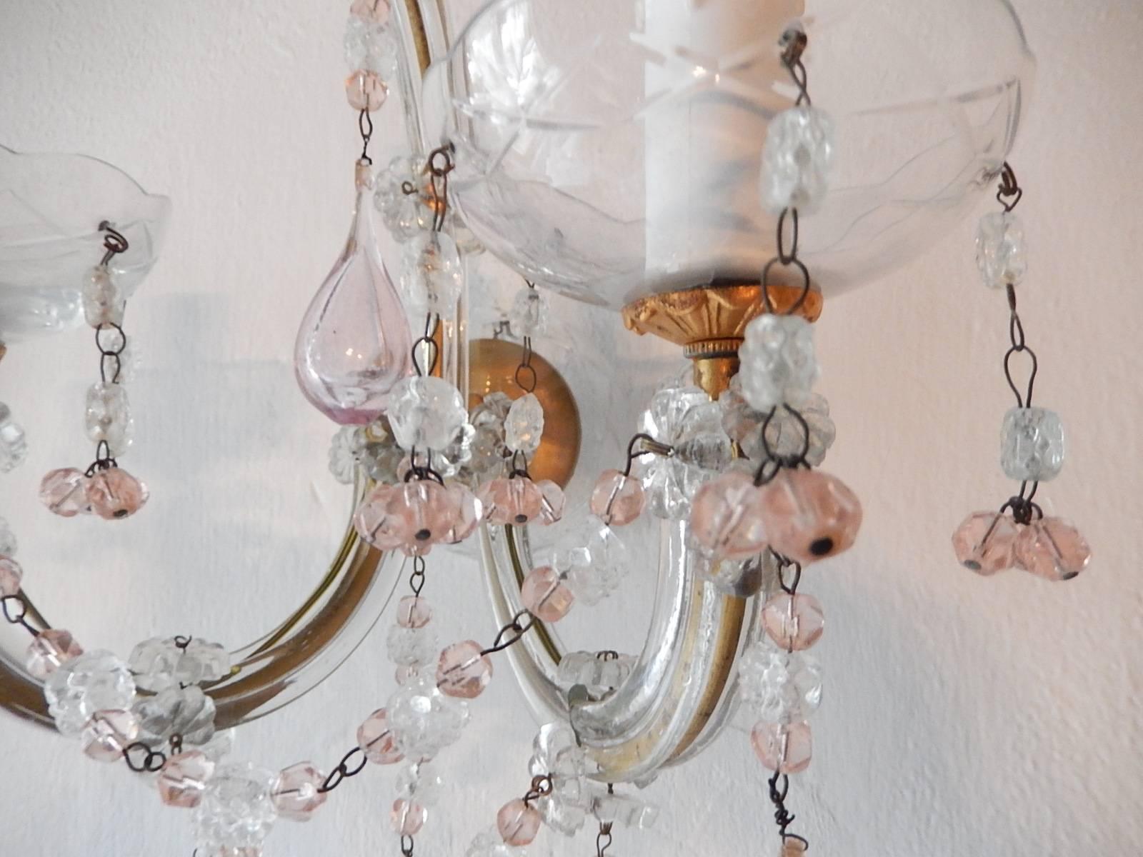 Murano Glass 1920 French Set of Four Pink Murano Blown Glass Drops and Beads Sconces