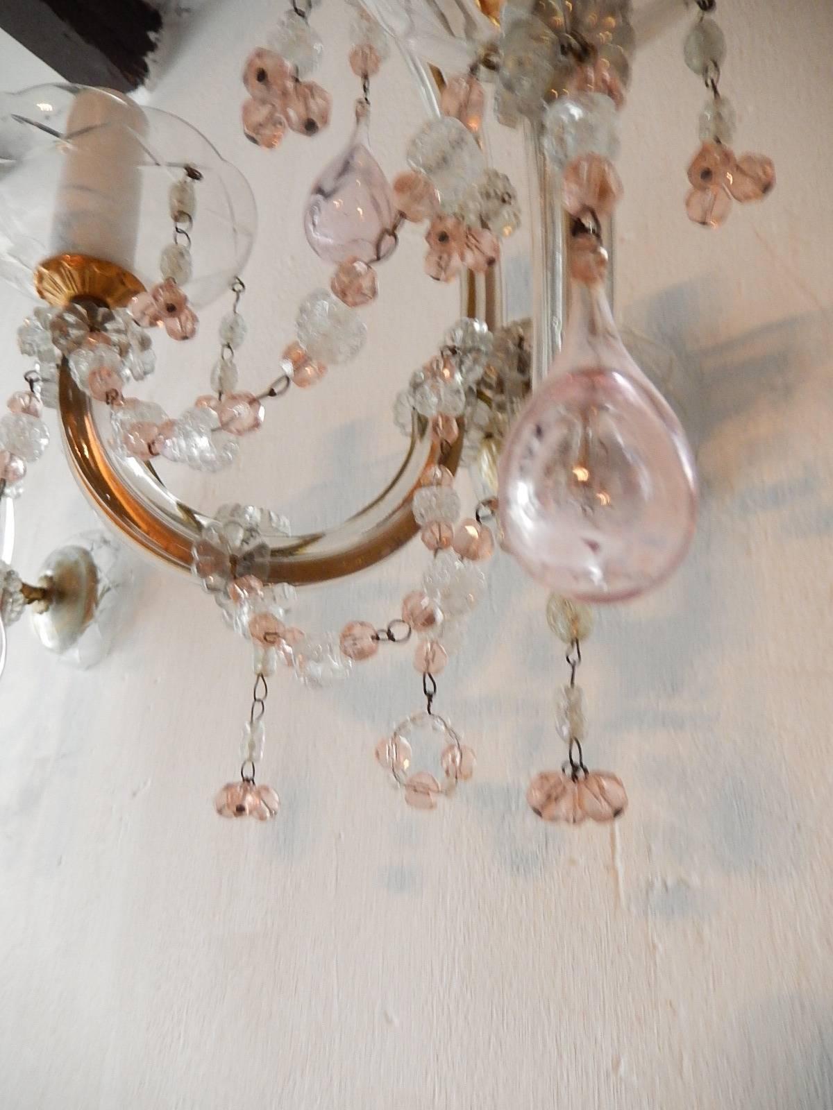1920 French Set of Four Pink Murano Blown Glass Drops and Beads Sconces 1