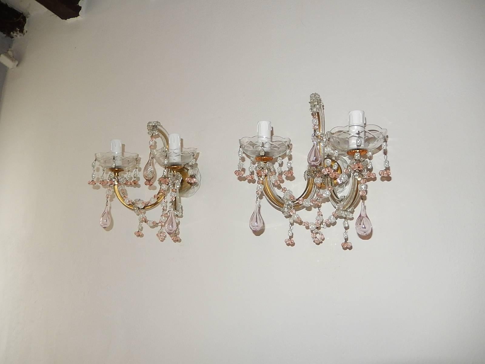 1920 French Set of Four Pink Murano Blown Glass Drops and Beads Sconces 3