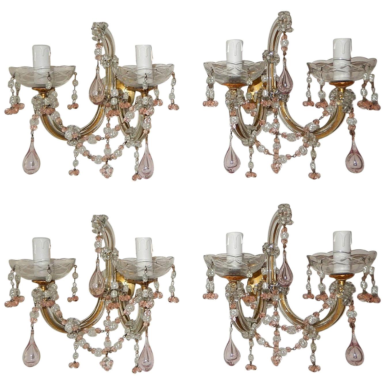 1920 French Set of Four Pink Murano Blown Glass Drops and Beads Sconces