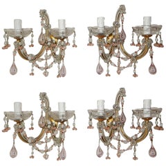 1920 French Set of Four Pink Murano Blown Glass Drops and Beads Sconces
