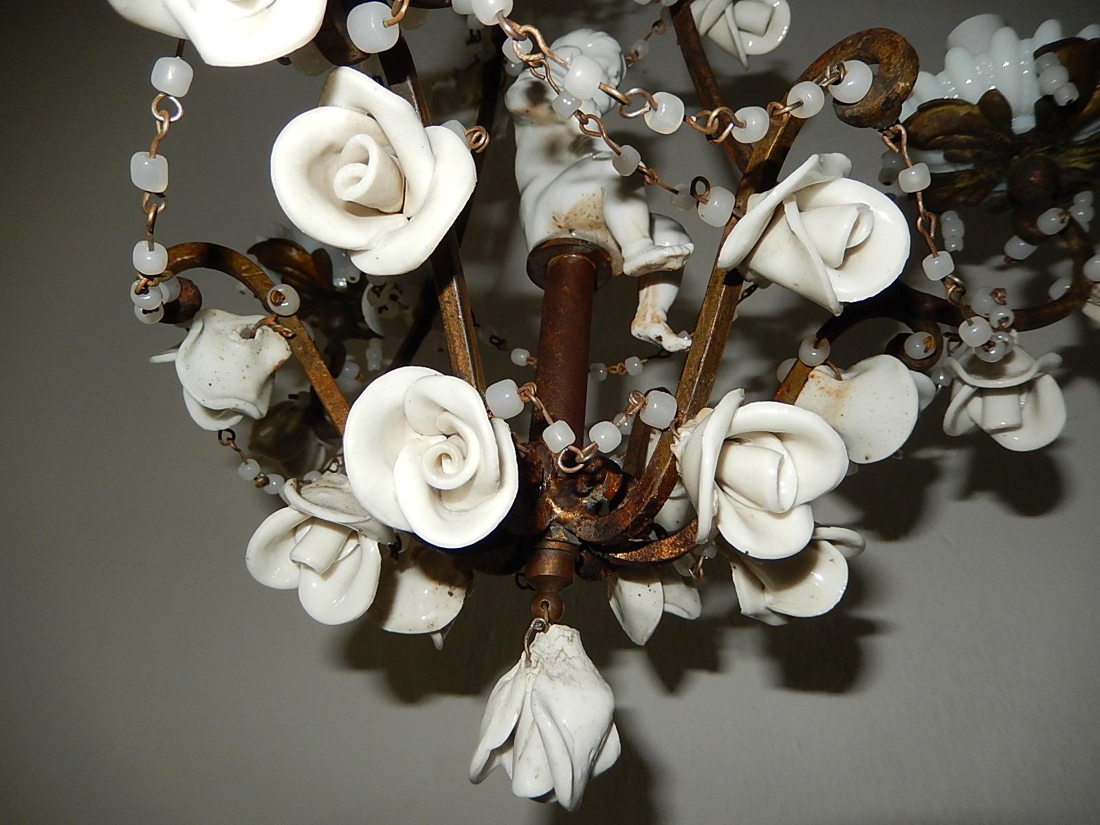 1920 French White Opaline with Cherub and Swags with White Roses Chandelier 4